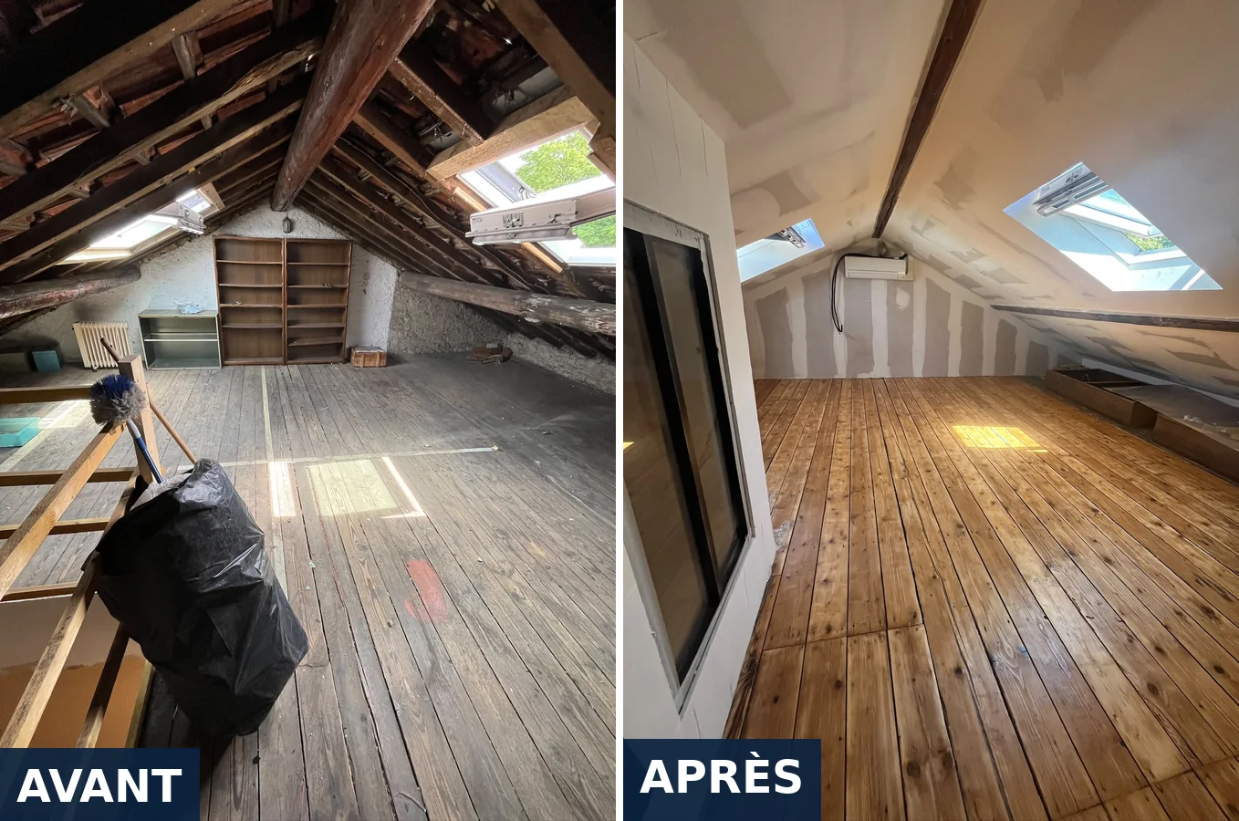 Rénovation de combles avant et après par AC Multicolor : charpente et plancher remis à neuf